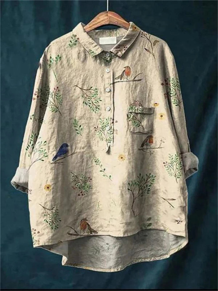 Romantic Printed Longsleeve Blouse in Vögel