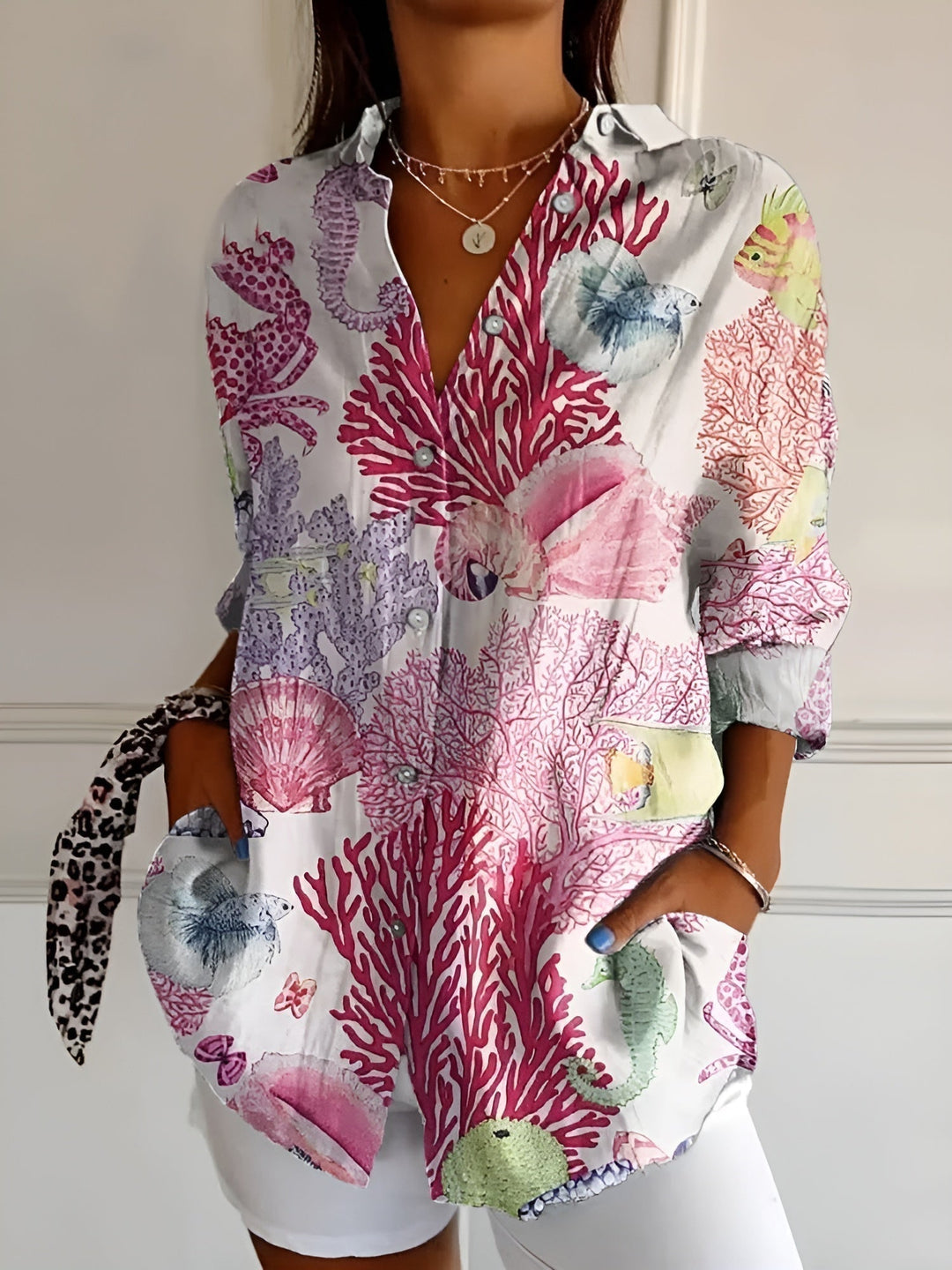 Vintage Longsleeve Blouse in Meeresleben in Rosa