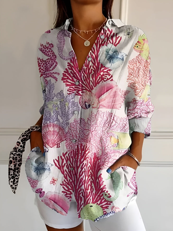 Vintage Longsleeve Blouse in Meeresleben in Rosa