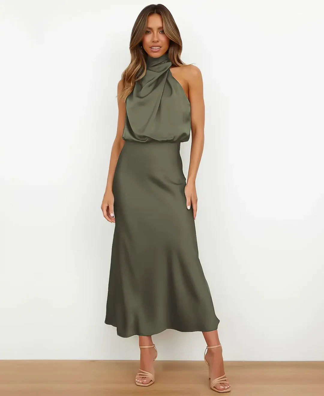 Wedding Guest Midi Dress in Olive green