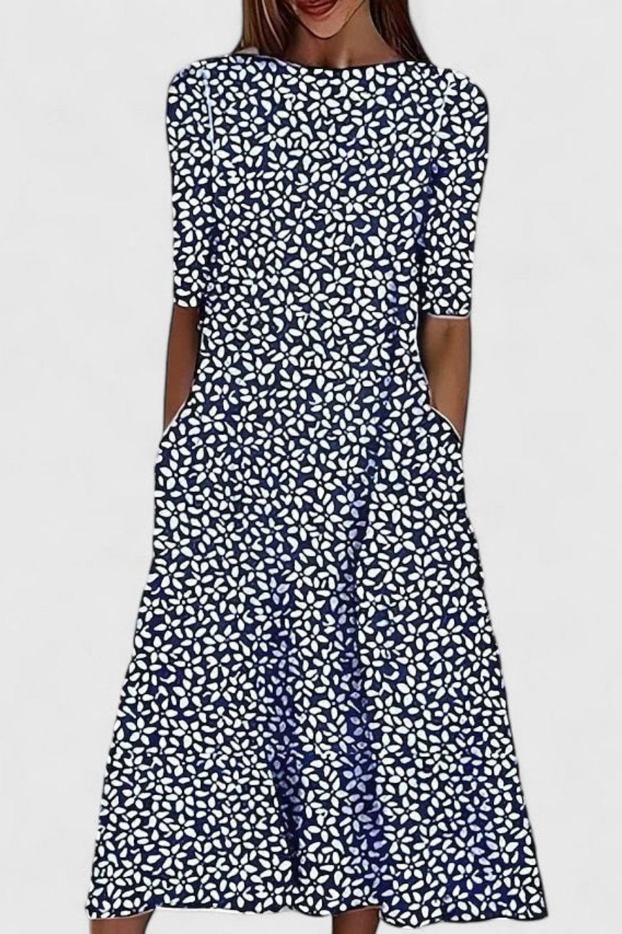 Women's A-Line Cotton Midi Beach Dress in Dark Blue