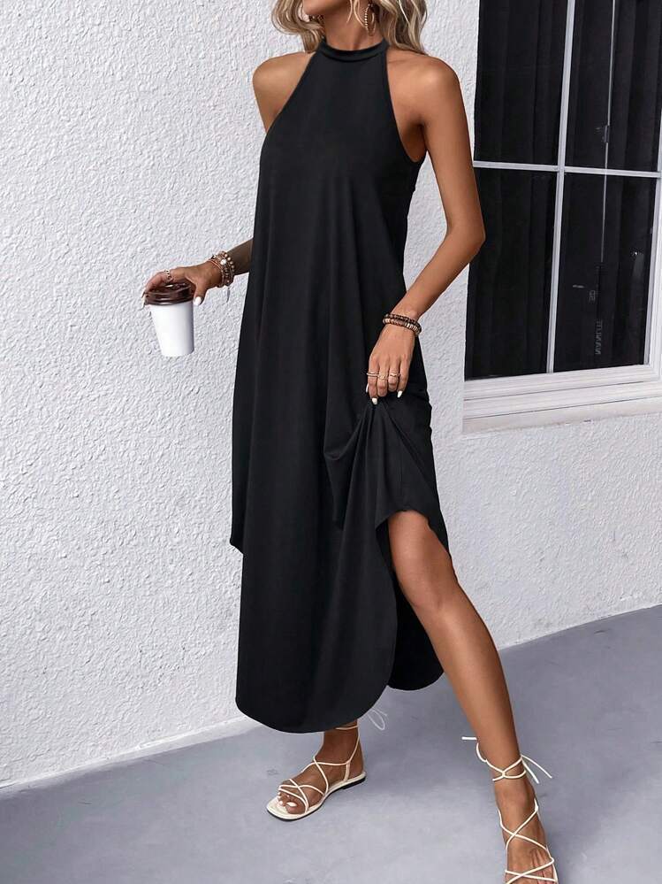 Women's A-Line Halter Maxi Dress in Black
