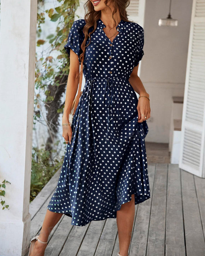 Women's A-Line Polka Dot Dress for Summer in Blue