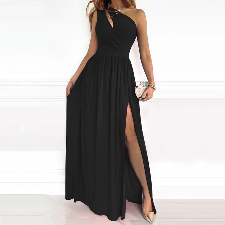 Women's Asymmetric Cocktail Maxi Dress with Split in Black