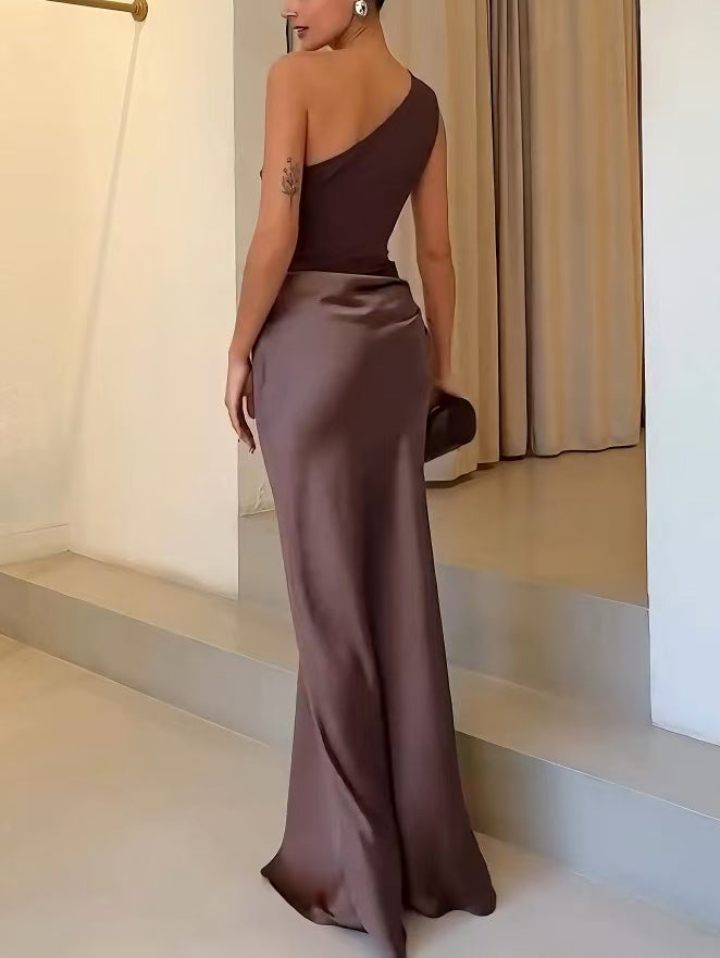 Women's Asymmetric Ruched Maxi Cocktail Dress (7)