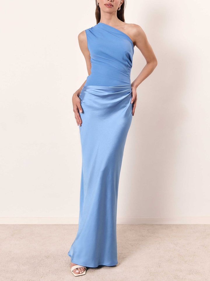 Women's Asymmetric Ruched Maxi Cocktail Dress in Blue