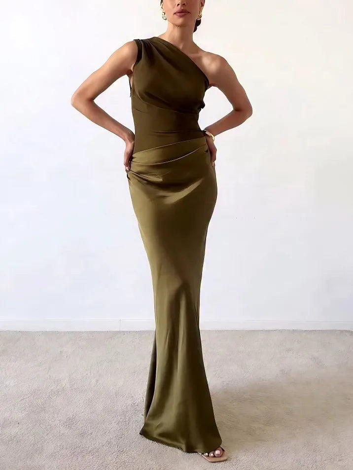 Women's Asymmetric Ruched Maxi Cocktail Dress in Olive Green