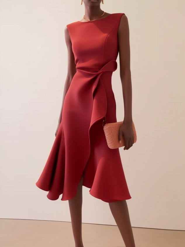 Women's Asymmetric Summer Midi Dress in Red