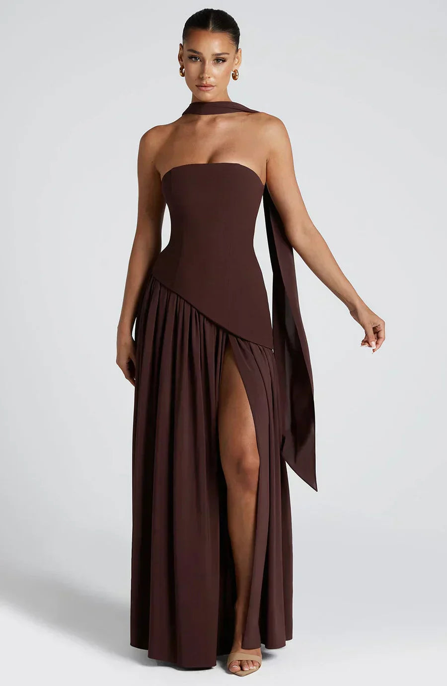 Women's Asymmetrical Fall Wedding Maxi Dress in Brown 2