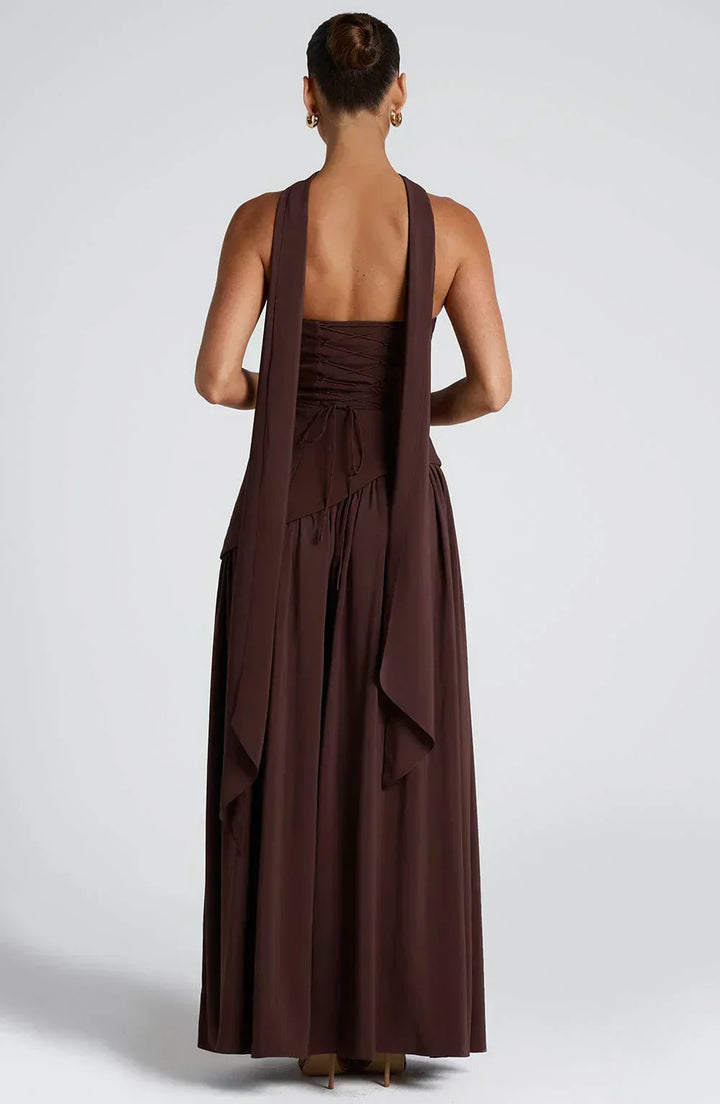 Women's Asymmetrical Fall Wedding Maxi Dress in Brown 3