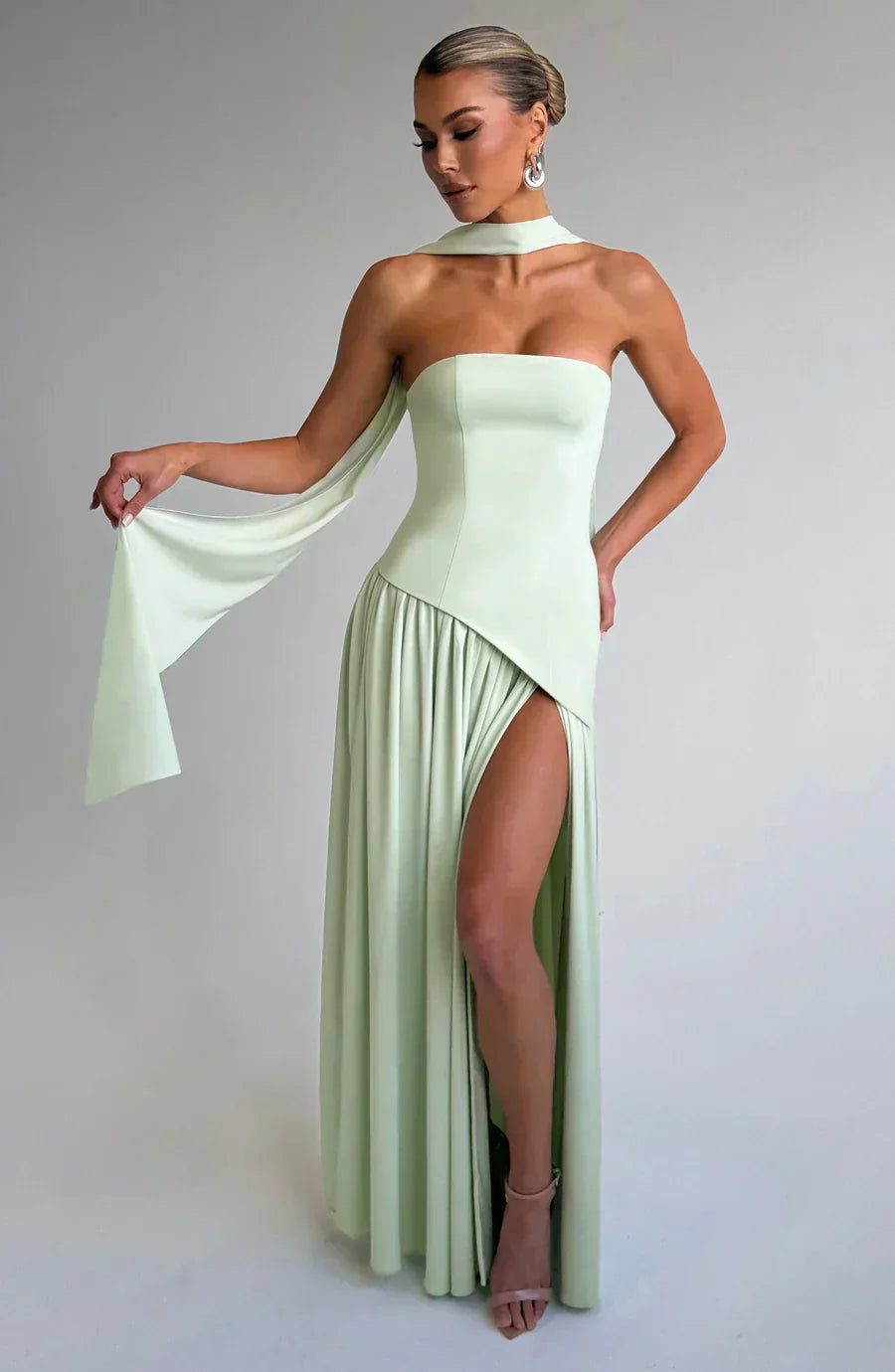 Women's Asymmetrical Fall Wedding Maxi Dress in Green 1
