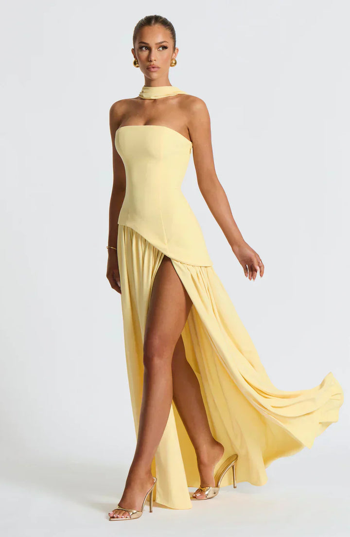 Women's Asymmetrical Fall Wedding Maxi Dress in Yellow
