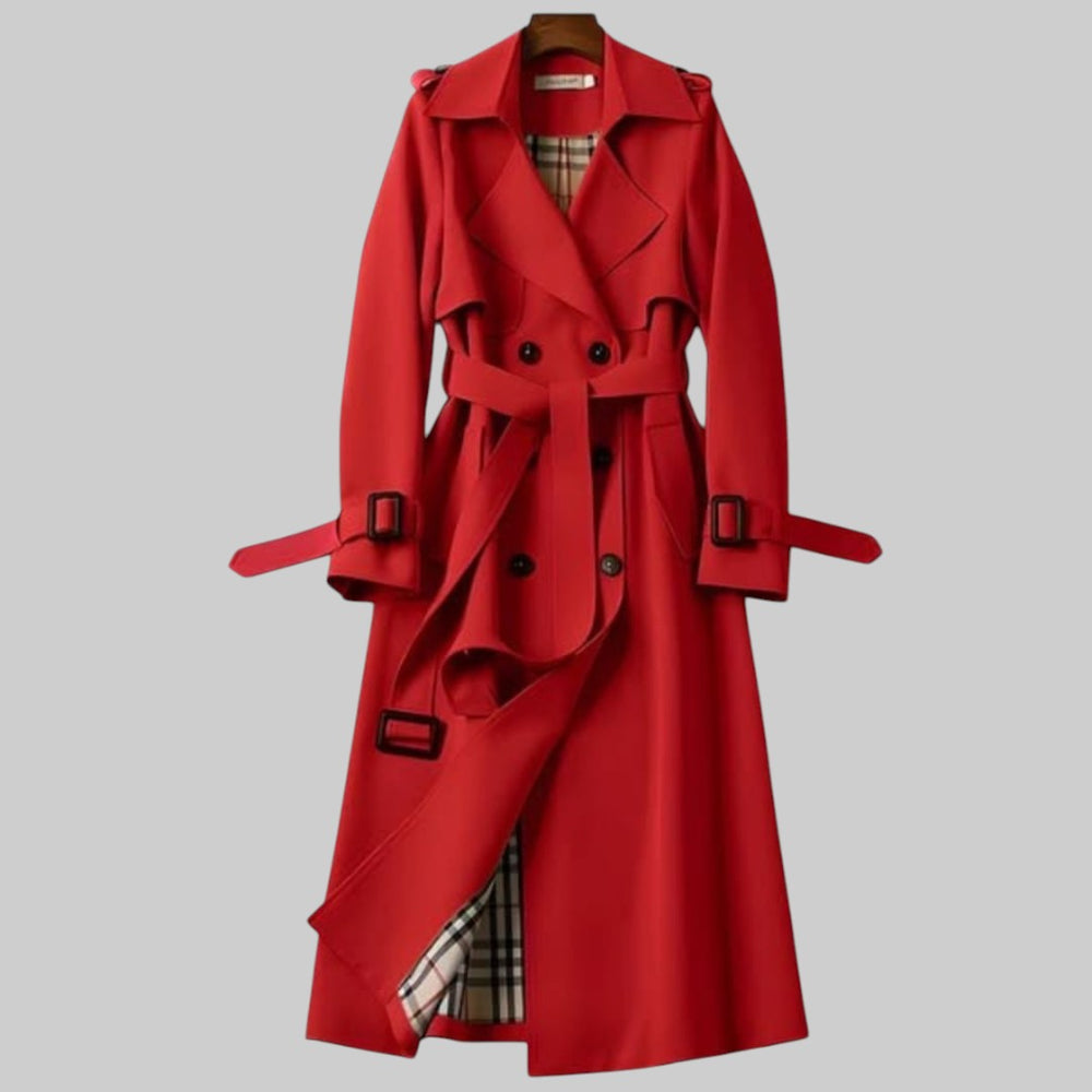 Women's Belted Long Trenchcoat in Red