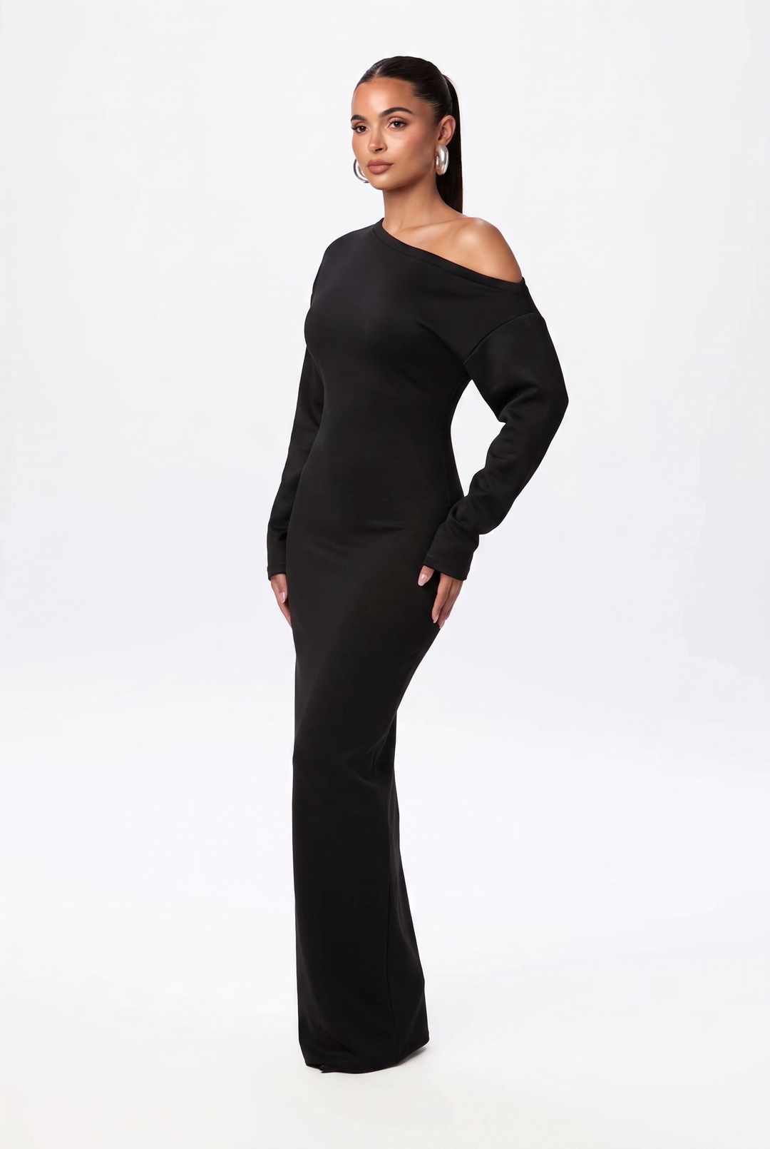 Women's Black Race Day Dress with Off-Shoulder in Black 1
