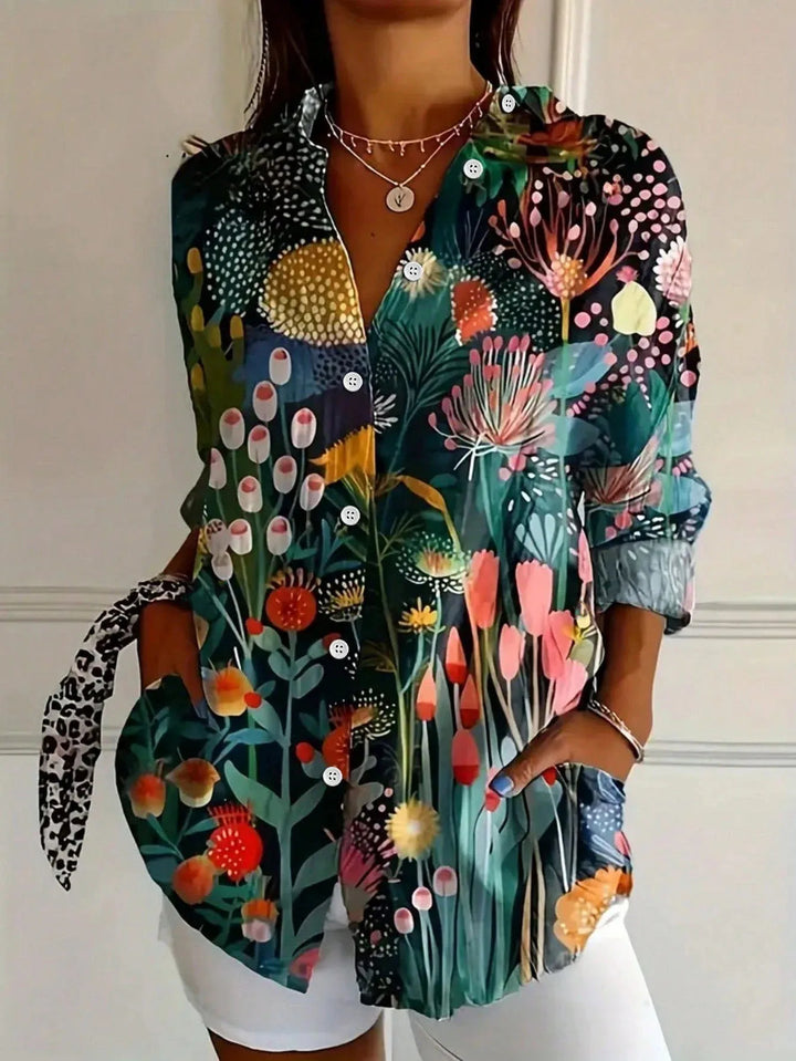 Women's Blouse with Colorful Playful Print in Green