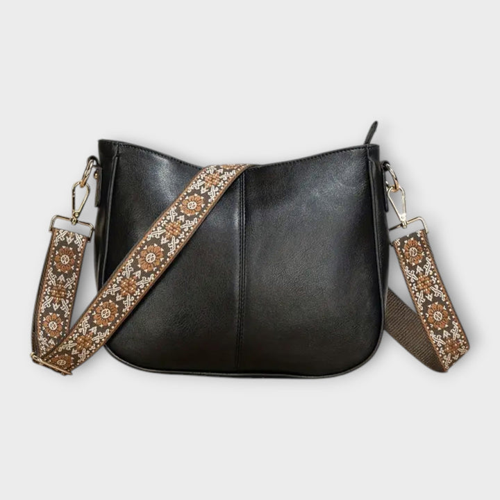 Women's Boho Crossbody Bag with Patterned Strap in Black