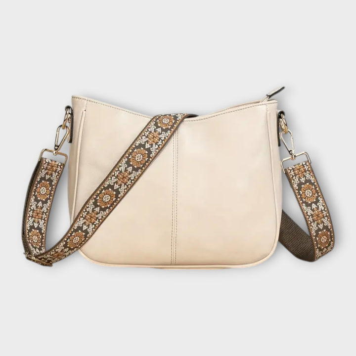 Women's Boho Crossbody Bag with Patterned Strap in White