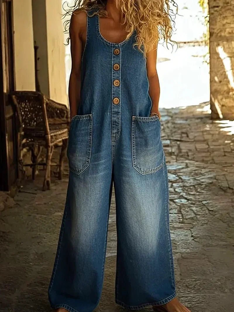 Women's Boho Denim Jumpsuit for Summer in Blue