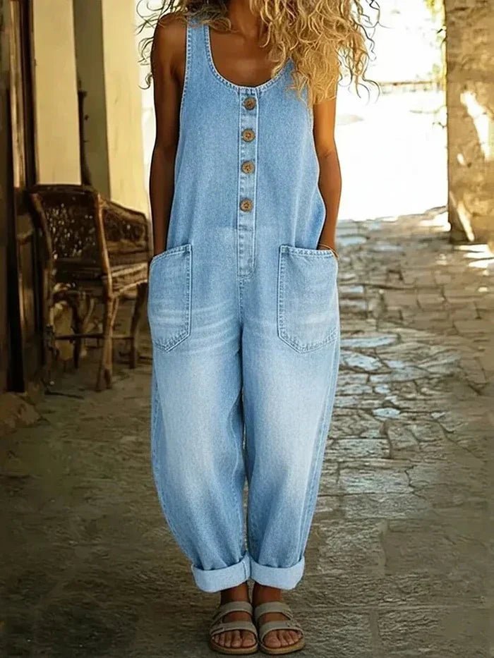 Women's Boho Denim Jumpsuit for Summer in Light Blue