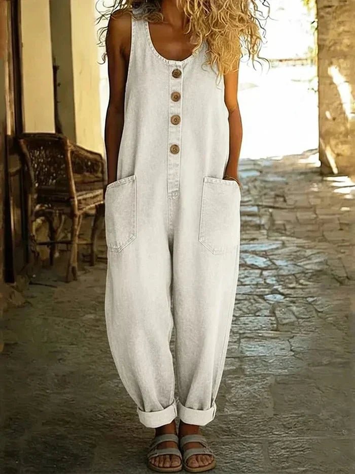 Women's Boho Denim Jumpsuit for Summer in White
