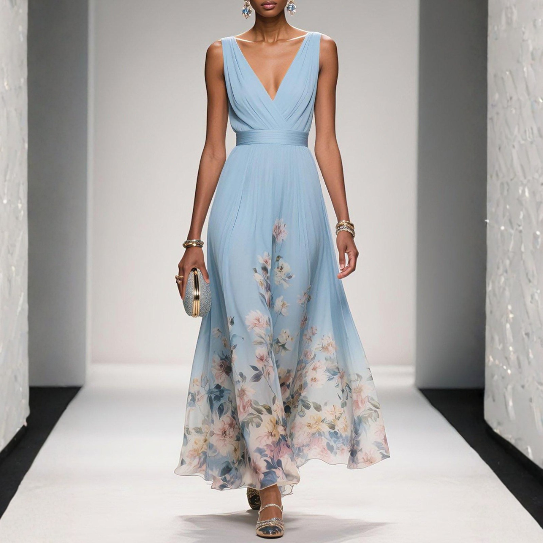 Women's Boho Floral Maxi Dress for Weddings in Light Blue