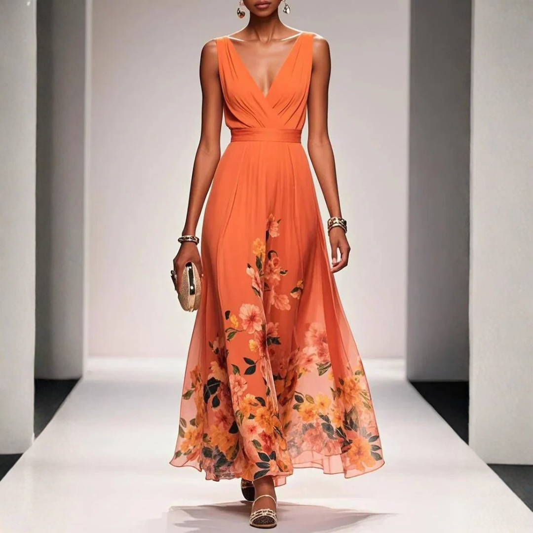 Women's Boho Floral Maxi Dress for Weddings in Orange