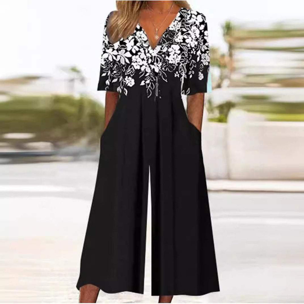 Women's Boho Floral Maxi Jumpsuit in Black