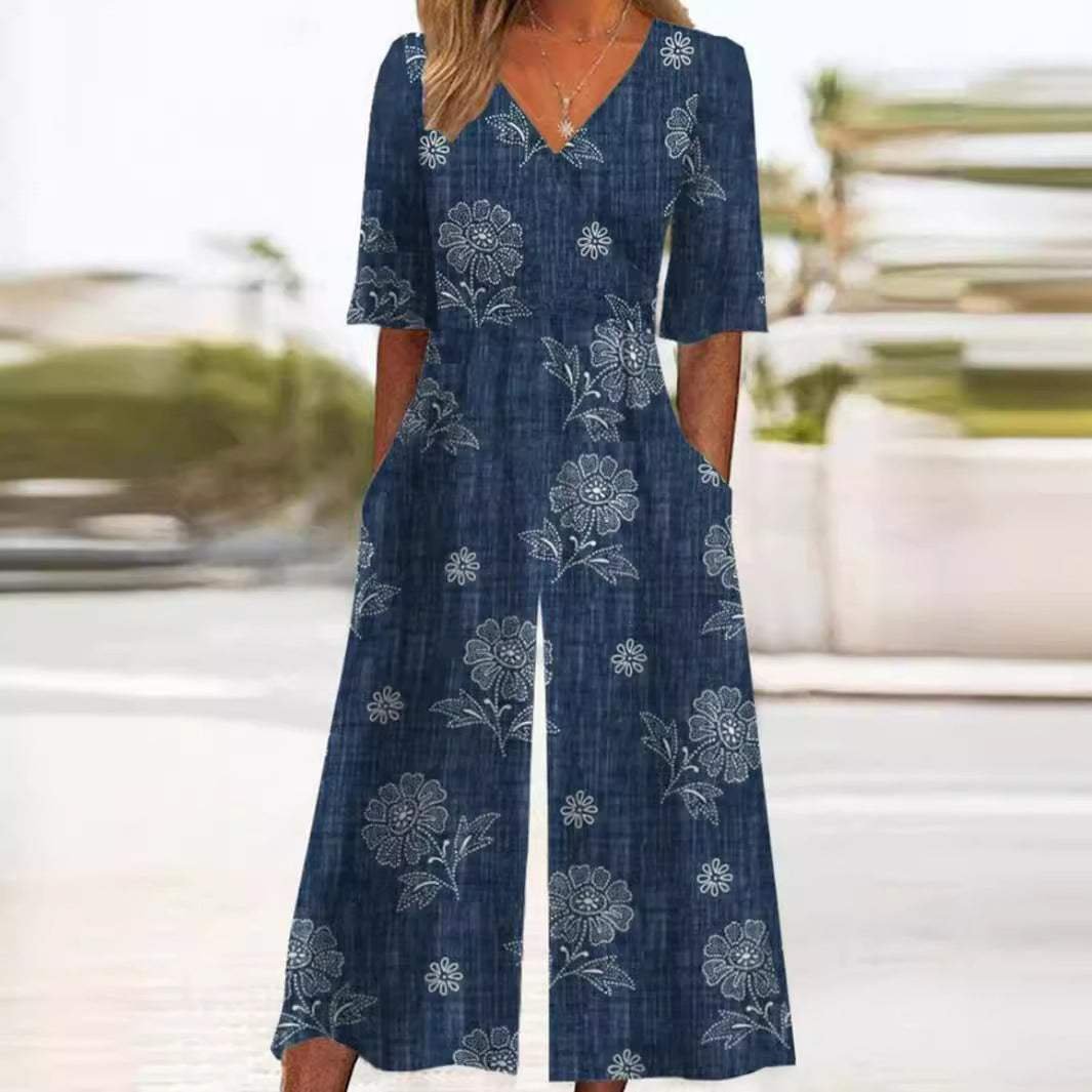 Women's Boho Floral Maxi Jumpsuit in Navy