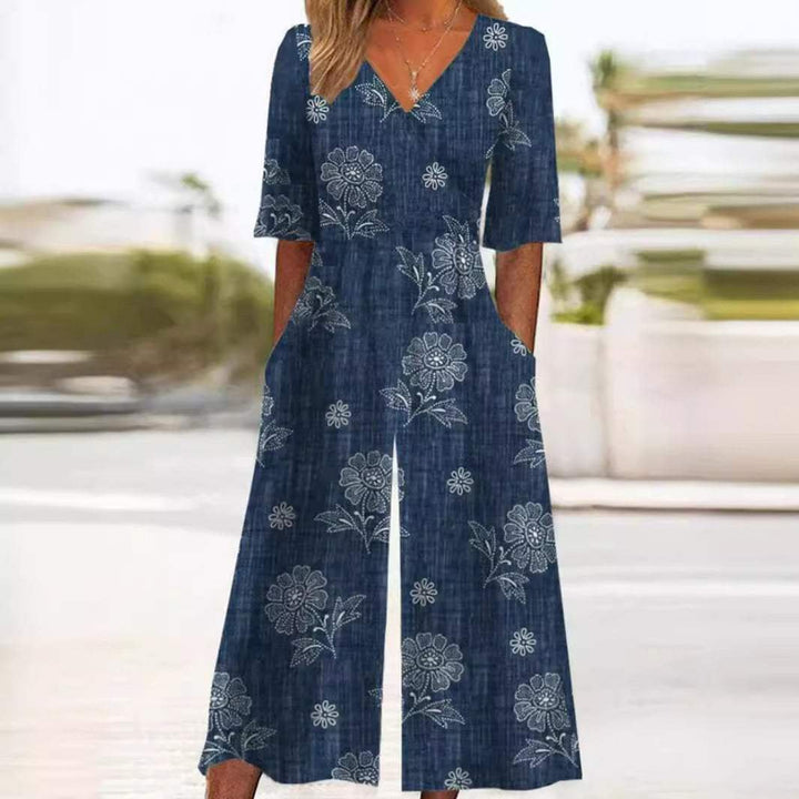 Women's Boho Floral Maxi Jumpsuit in Navy