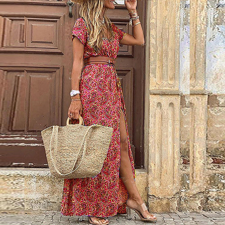 Women's Boho Maxi Dress for Wedding Guests in Dark Red