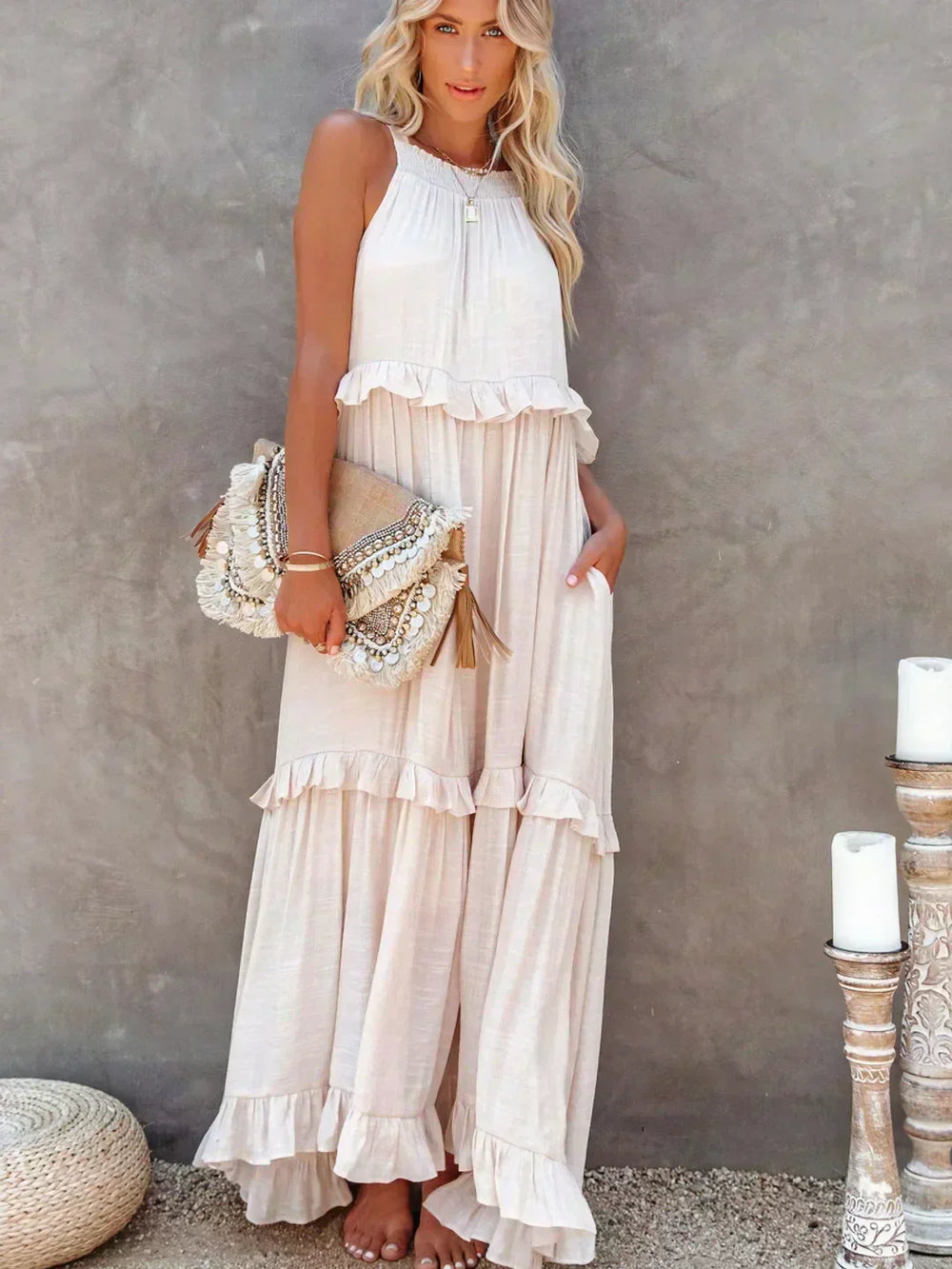 Women's Boho Maxi Summer Dress in Beige 2