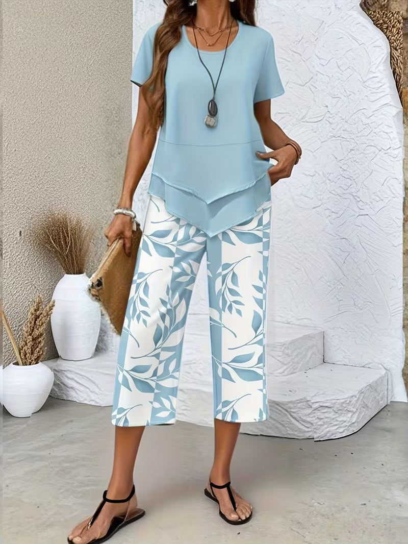 Women's Botanical Print Two-Piece Set in Blue