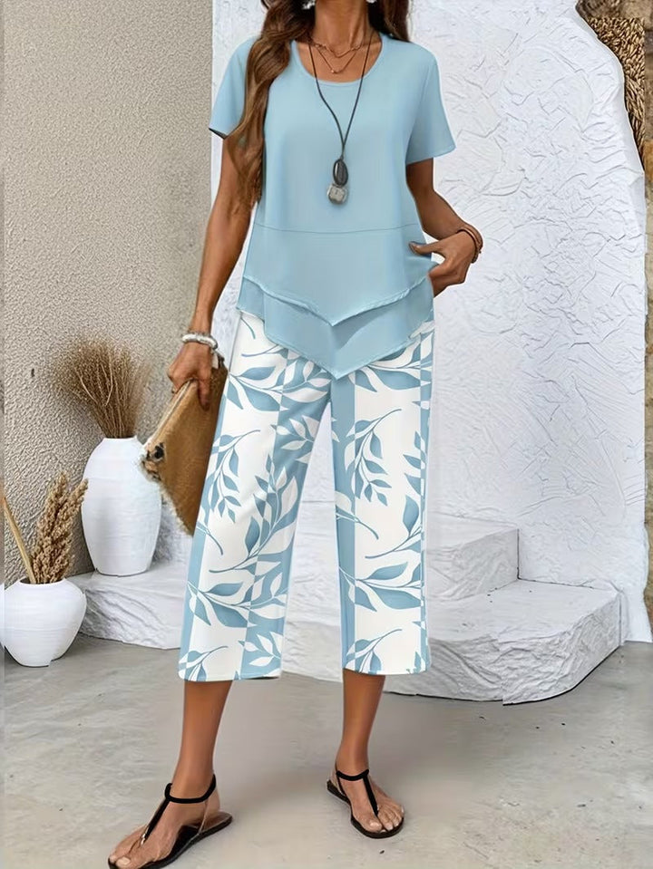 Women's Botanical Print Two-Piece Set in Blue