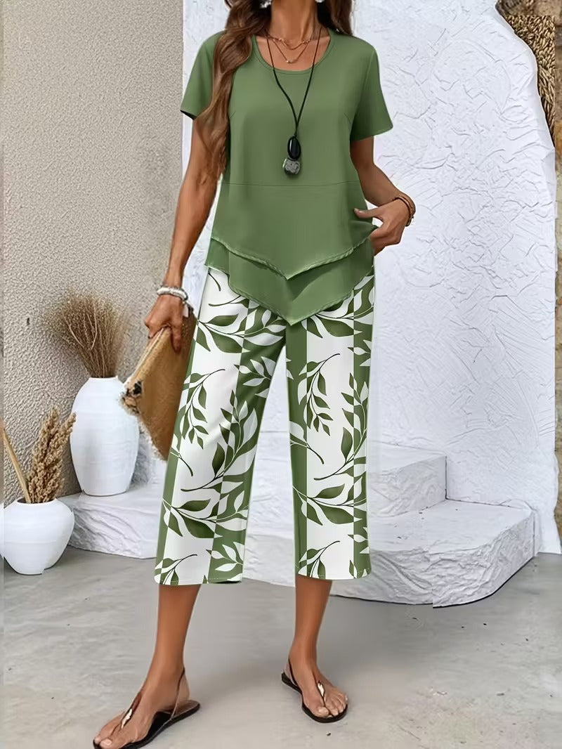 Women's Botanical Print Two-Piece Set in Green
