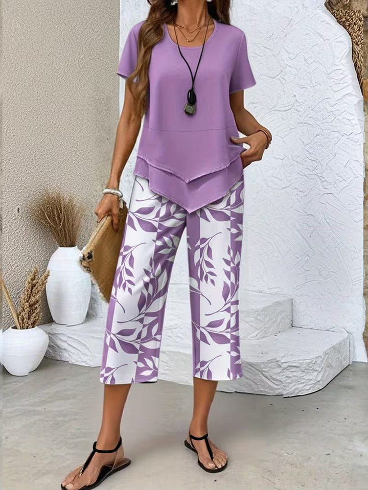 Women's Botanical Print Two-Piece Set in Purple