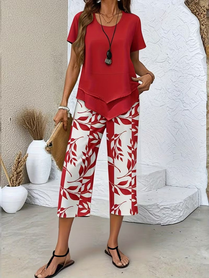 Women's Botanical Print Two-Piece Set in Red