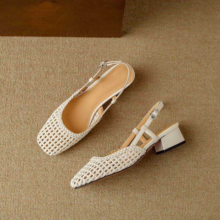 Women's Braided Slingback Sandals with Block Heel in Cream