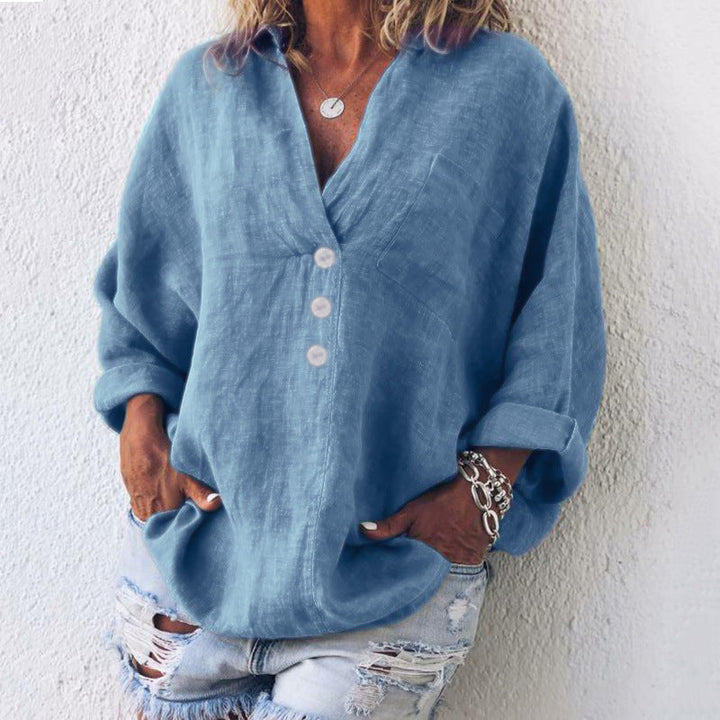 Women's Breathable Cotton-Linen Pullover in Blue