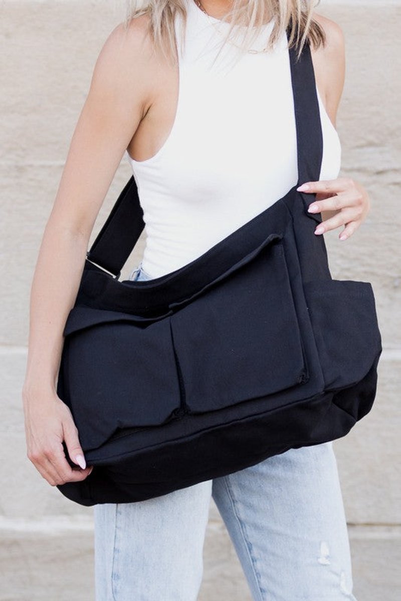 Women's Canvas Crossbody Bag with Multiple Pockets in Black