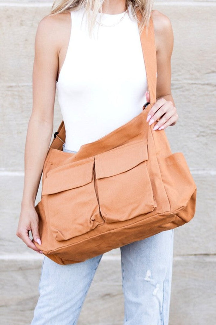 Women's Canvas Crossbody Bag with Multiple Pockets in Brown