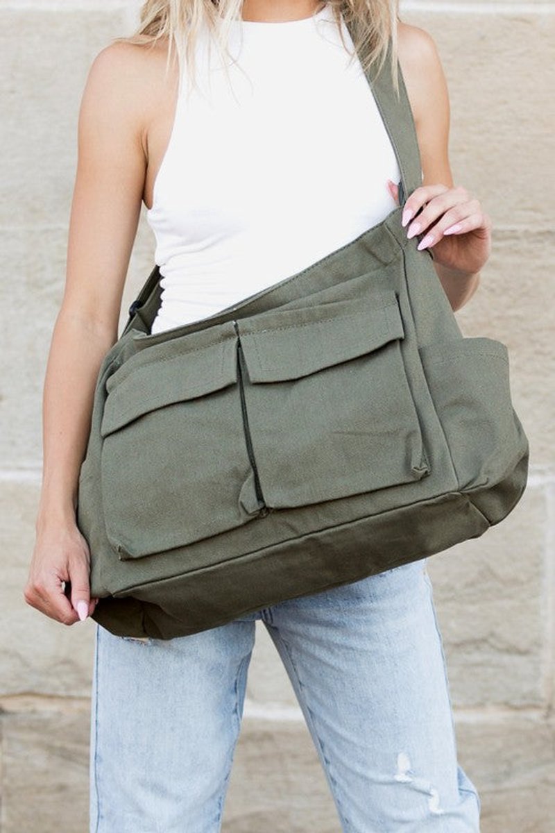 Women's Canvas Crossbody Bag with Multiple Pockets in Olive