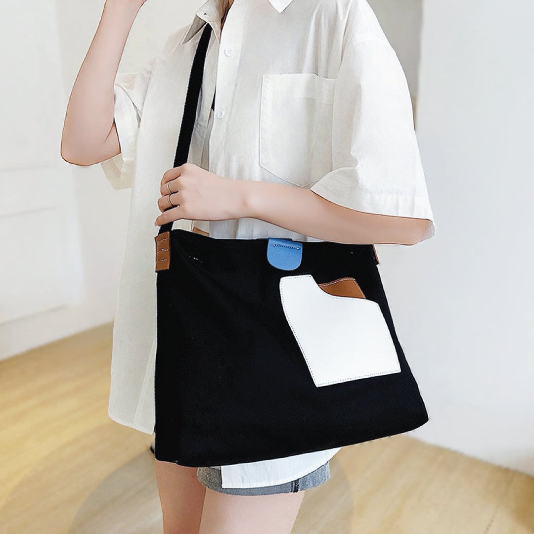 Women's Canvas Shoulder Bag Colour-Block Pocket in Black
