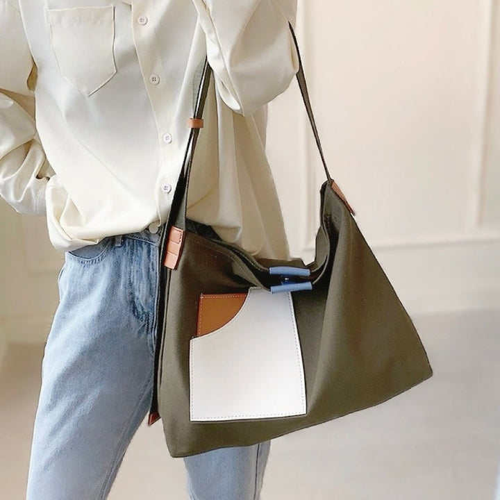 Women's Canvas Shoulder Bag Colour-Block Pocket in Green