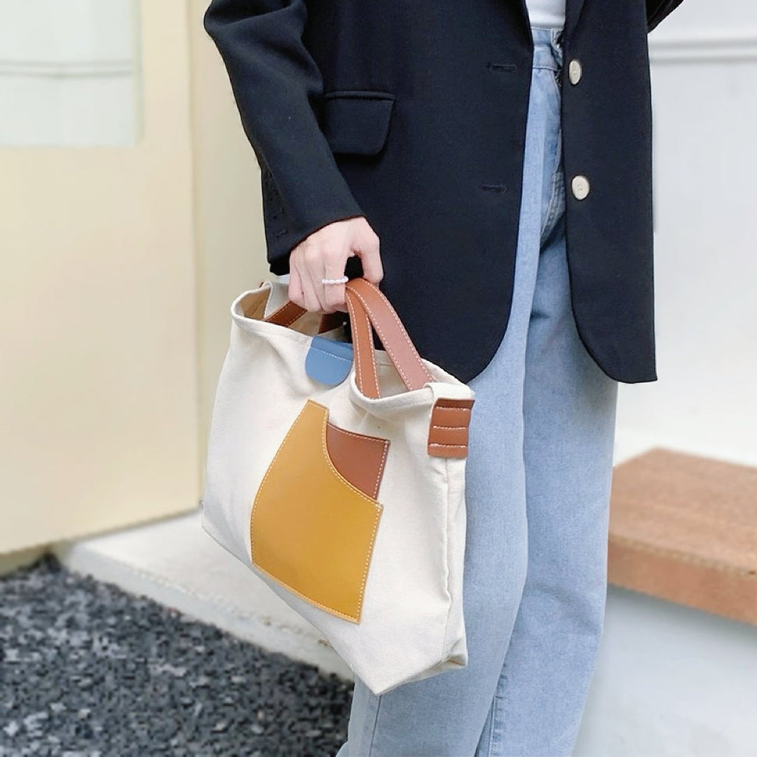 Women's Canvas Shoulder Bag Colour-Block Pocket in White