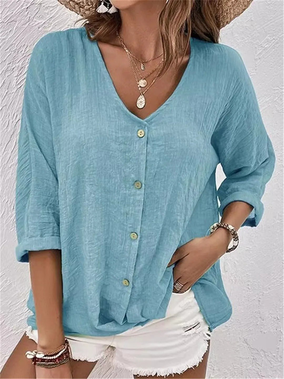 Women's Casual Cotton Crinkle Blouse in Light Blue