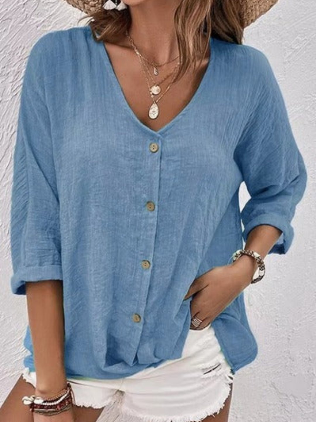 Women's Casual Cotton Crinkle Blouse in Steel Blue