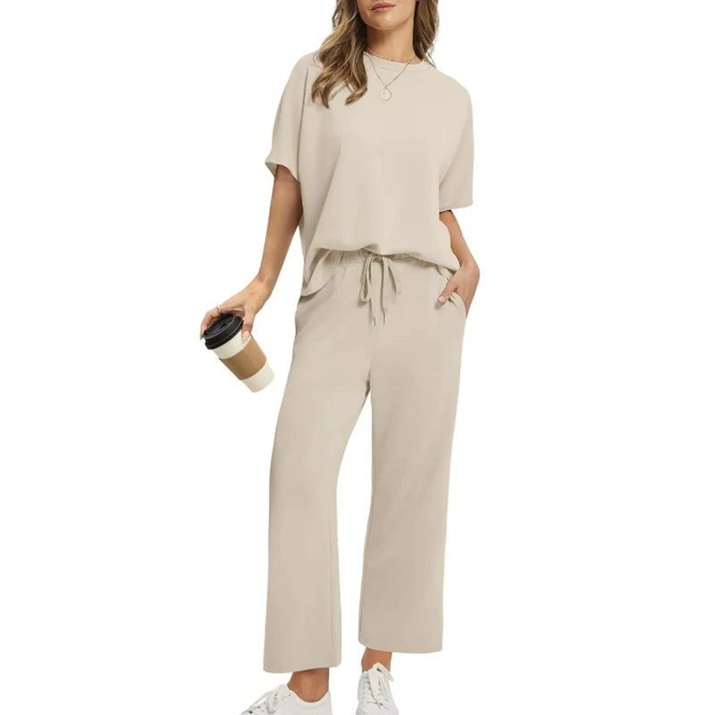 Women's Casual Cotton Top and Pants Set in Beige