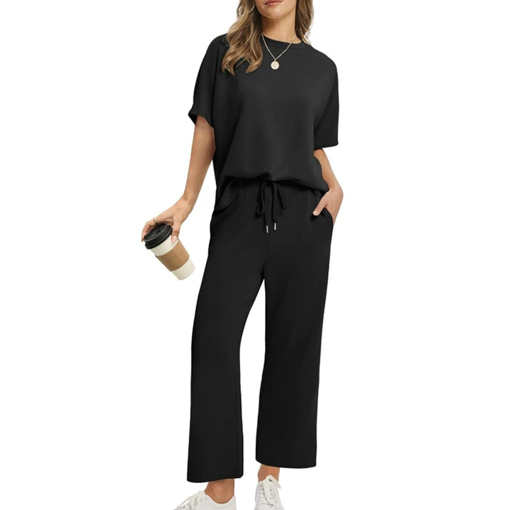 Women's Casual Cotton Top and Pants Set in Black