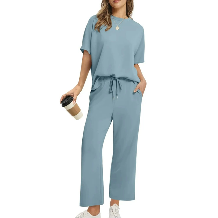 Women's Casual Cotton Top and Pants Set in Blue