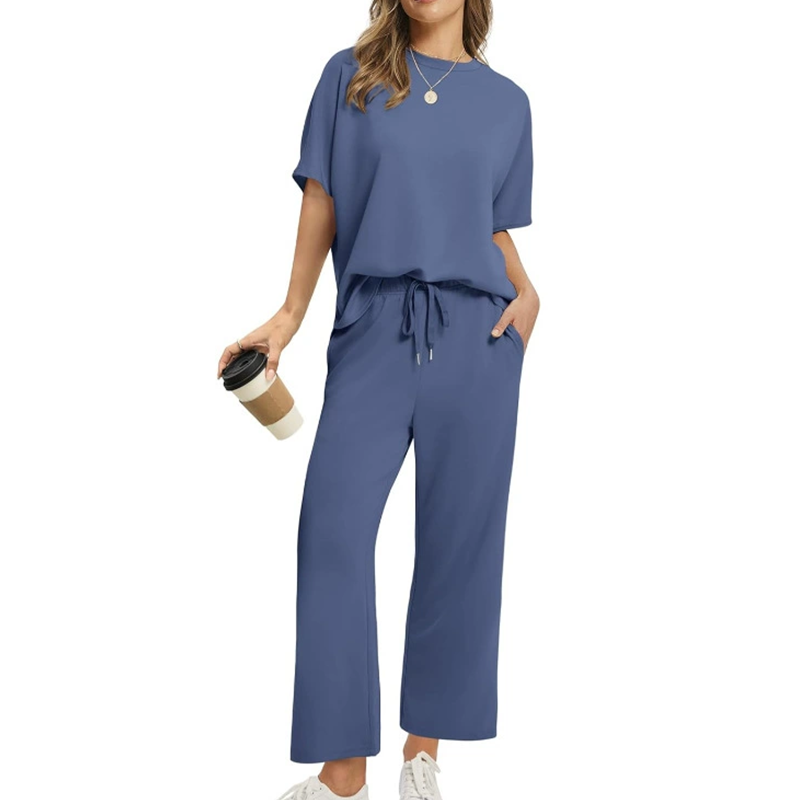 Women's Casual Cotton Top and Pants Set in Dark Blue